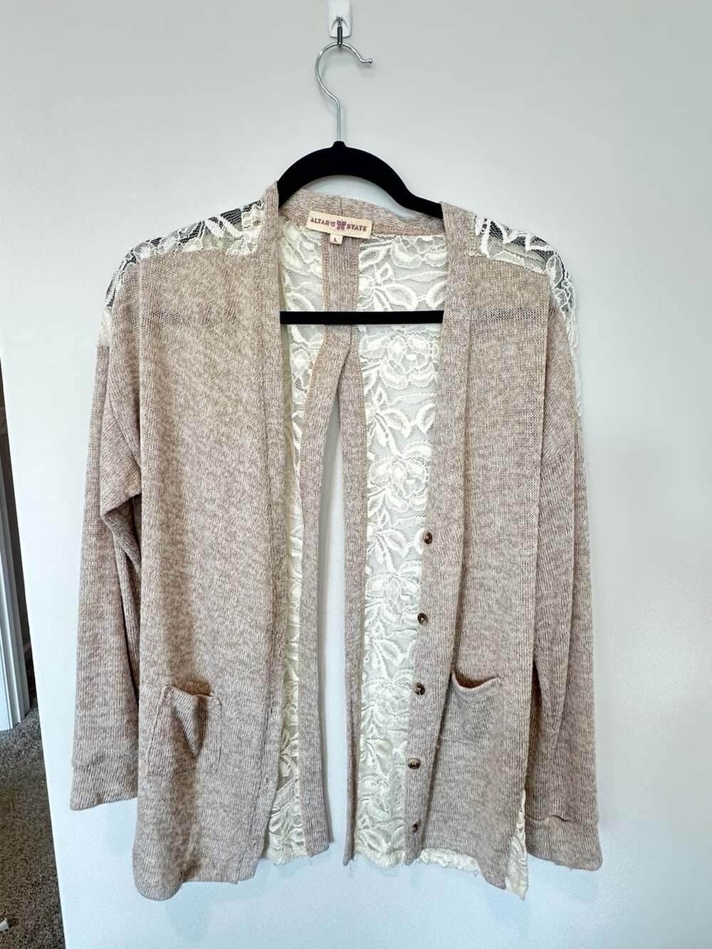 Altar'd State Beige Knit Cardigan with Floral Lace Back and Shoulder Detail